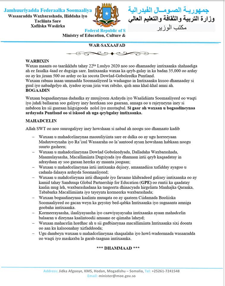 Wasaarada Waxbarashada Oo Shaacisay In 500 Oo Arday Ay Puntland Ku Wasaarada Waxbarashada Oo Shaacisay In 500 Oo Arday Ay Puntland Ku